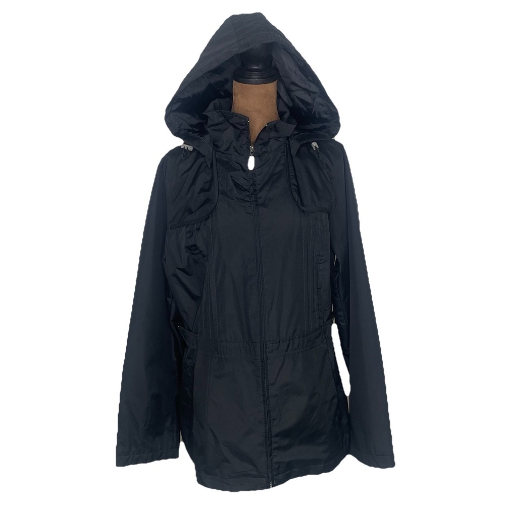 WEATHER TAMER Women M Black Jacket Coat Lined Inner Pocket Removable Hood Pleats